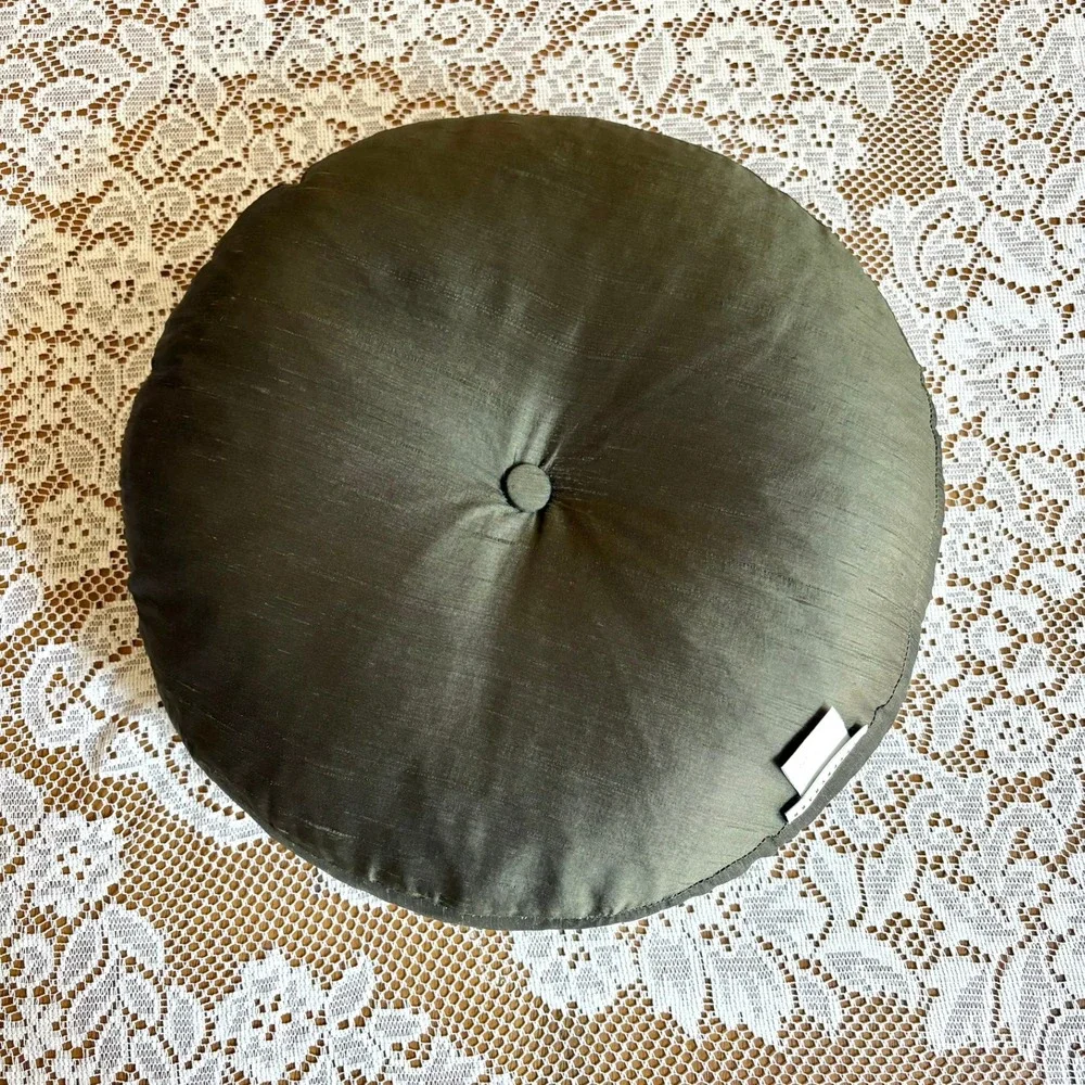 Pottery Barn Olive Green 100% Silk Round Tufted Decorative Pillow Feather Down